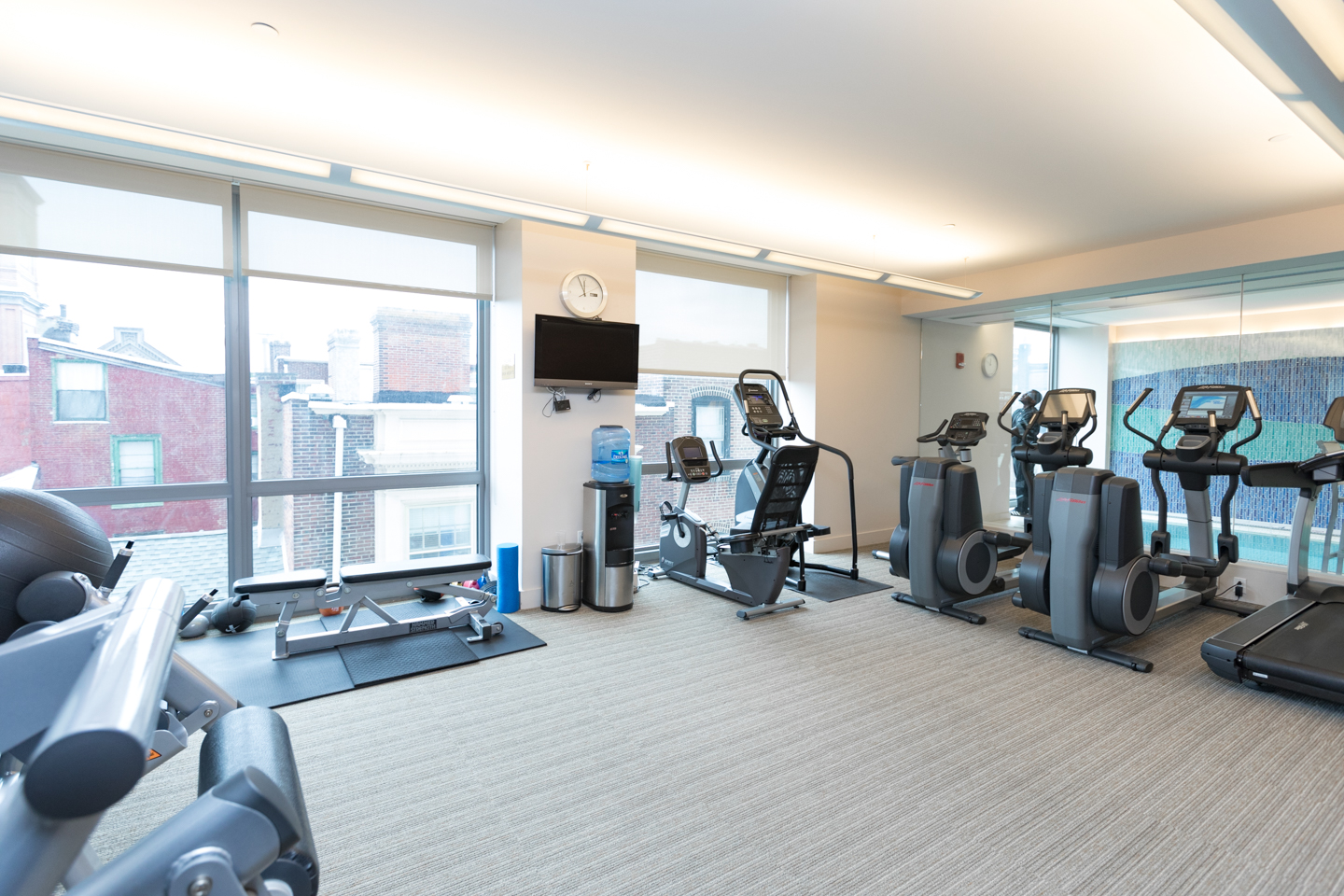on-site fitness center at a luxury condo building in Philadelphia